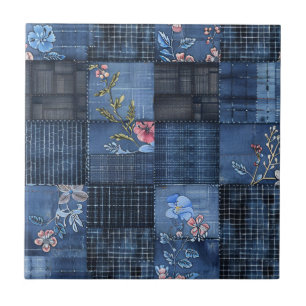 Indigo Floral Patchwork Pattern   Boho Denim Tile