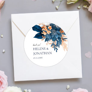 Indigo Floral Wedding Thank You Classic Round Sticker