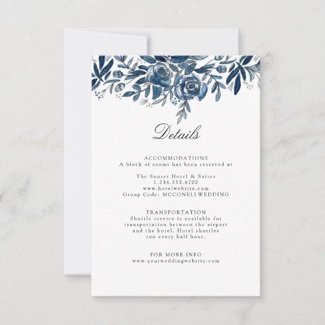 Indigo flowers wedding details enclosure card (Front)