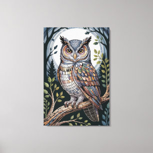 Indigo Forest Mosaic Owl Canvas Print