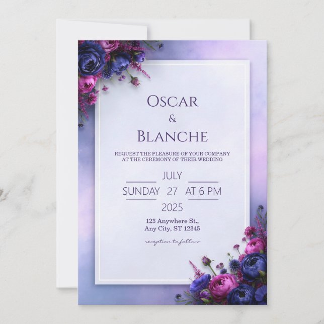 Indigo Fuchsia Floral Border Wedding Invitation (Front)