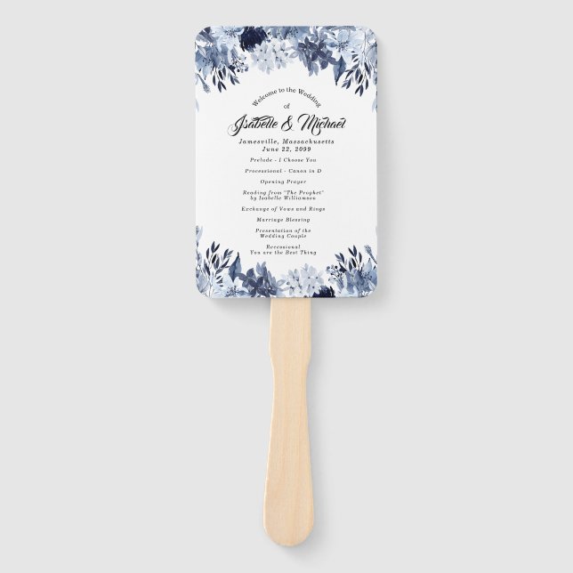 Indigo Garden Blue Floral Wedding Hand Fan (Front)