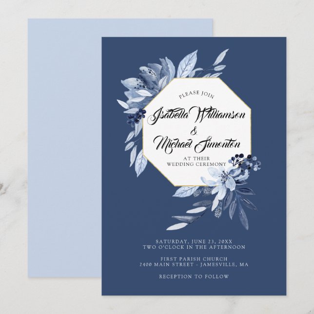Indigo Garden Blue floral Wedding Invitation (Front/Back)