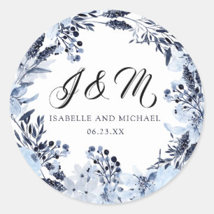 Indigo Garden Monogram Initial Wedding Favour Classic Round Sticker