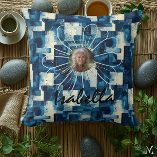 Indigo Geometric Bloom – Elegant Abstract Portrait Cushion