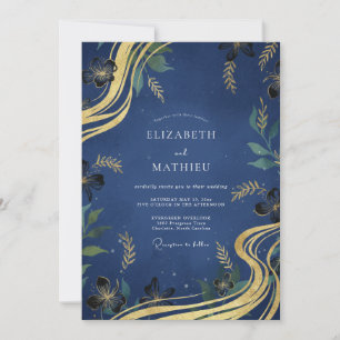 Indigo Gilded Leaf Wedding Invitation