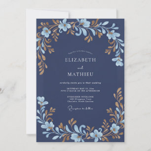 Indigo Gold Leafy Wedding Invitation