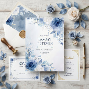 Indigo Gold Vein Watercolor Rose Border Wedding Invitation