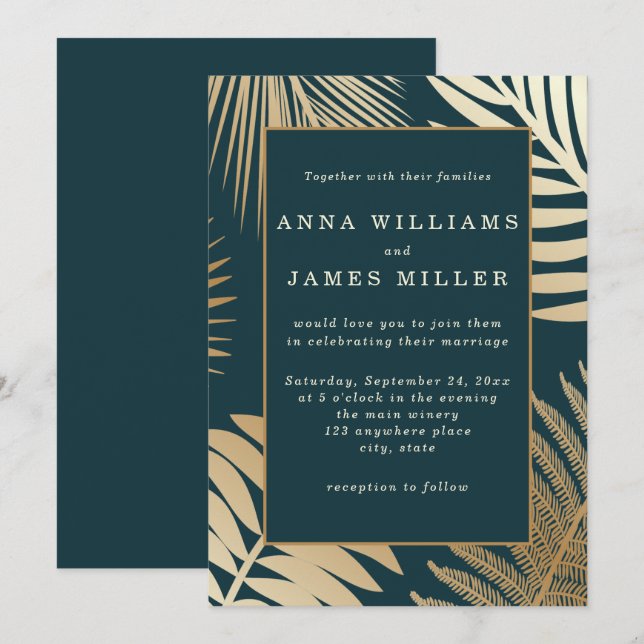 Indigo Green Gold Tropical Palm Leaves Wedding  Invitation (Front/Back)