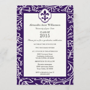 Indigo Grey Fleur de Lis Floral Formal Graduation Invitation