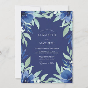 Indigo Grey Sage Leafy Wedding Invitation