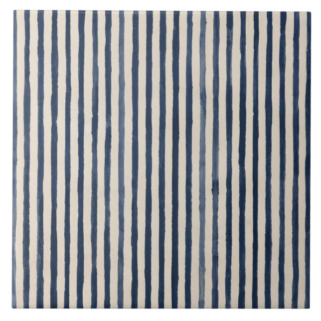 Indigo Hand Painted Cottage Stripe Tile (Front)