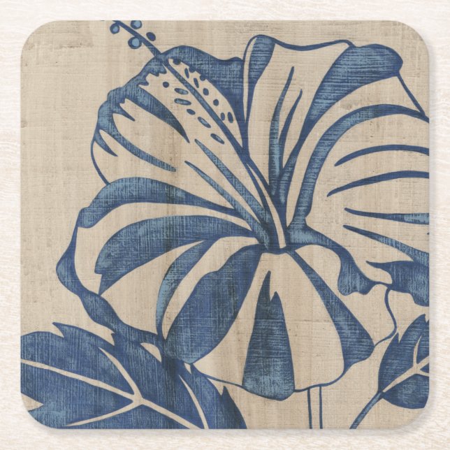Indigo Hibiscus Square Paper Coaster (Front)