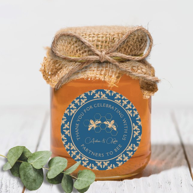 Indigo & Honeycomb Golden Bee Wedding Shower Classic Round Sticker (Creator Uploaded)