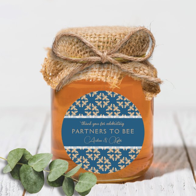 Indigo & Honeycomb Golden Bee Wedding Shower Classic Round Sticker (Creator Uploaded)