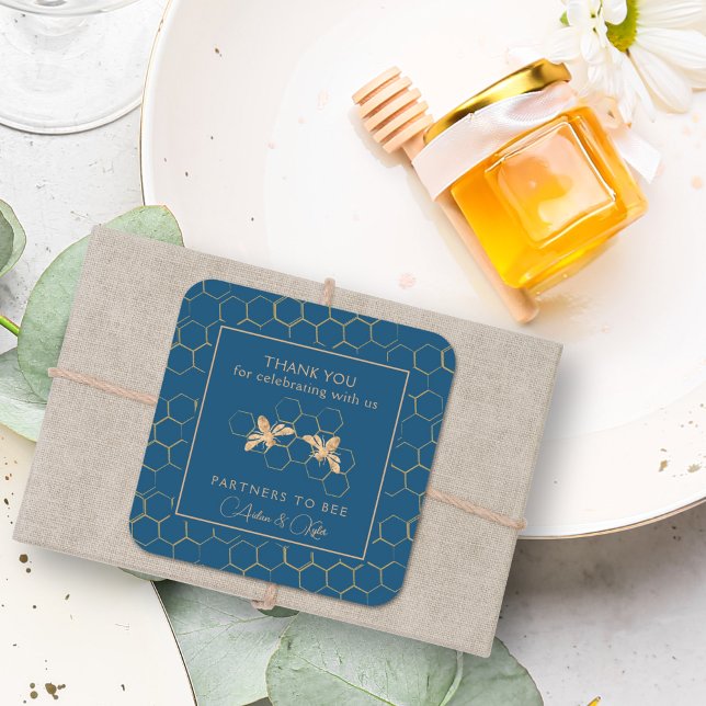 Indigo & Honeycomb Golden Bee Wedding Shower Square Sticker (Creator Uploaded)