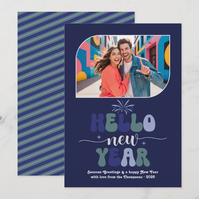 Indigo Horizon Hello New Year Blue Retro Photo Holiday Card (Front/Back)