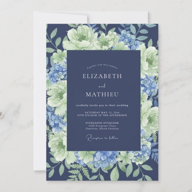 Indigo Hydrangea Peony Wedding Invitation (Front)