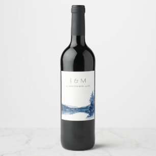 INDIGO INK BLUE MOUNTAIN LAKE MONOGRAM WEDDING WINE LABEL