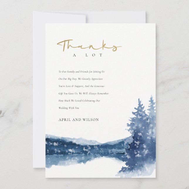 INDIGO INK BLUE MOUNTAIN LAKE PINE SNOW WEDDING THANK YOU CARD (Front)