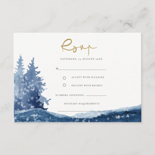 INDIGO INK BLUE MOUNTAIN LAKE SNOW WEDDING RSVP ENCLOSURE CARD (Front)