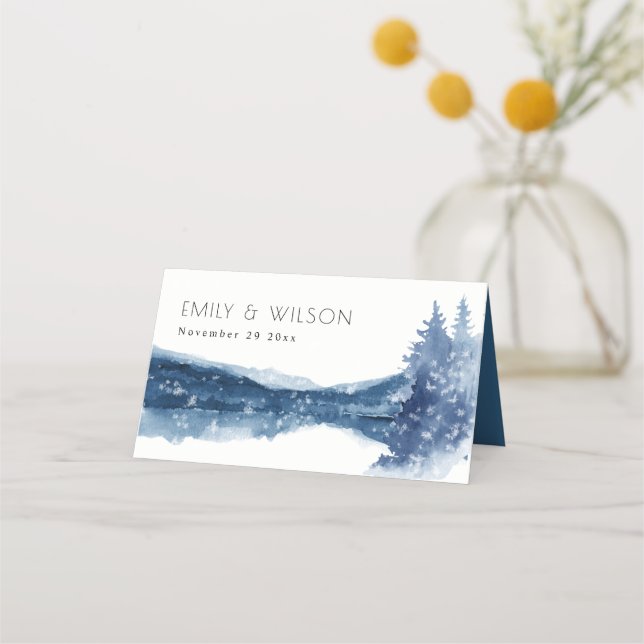 INDIGO INK BLUE SNOW MOUNTAIN LAKE WEDDING PLACE CARD (Back)