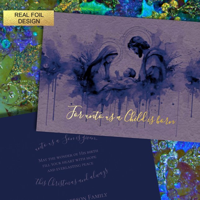Indigo Ink on Lavender Holy Family Foil Holiday Card (Creator Uploaded)