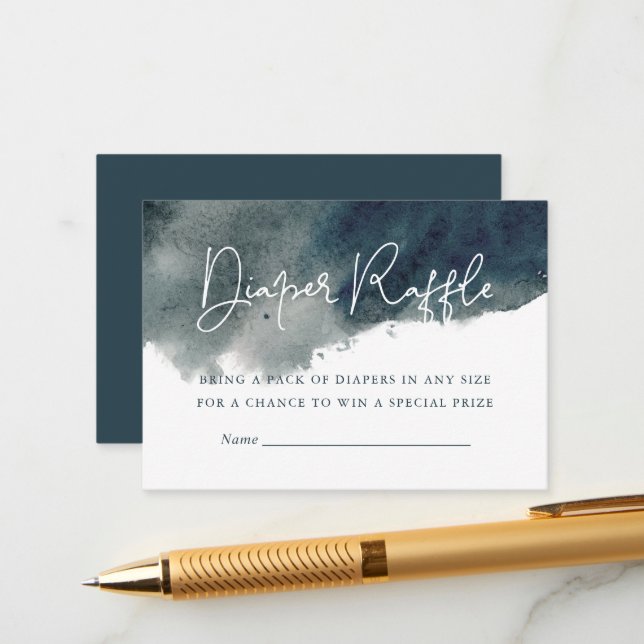 Indigo Ink Wash Baby Shower Diaper Raffle Enclosure Card (Front/Back In Situ)