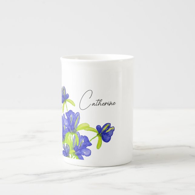 Indigo Iris Floral Watercolor Monogrammed Bone China Mug (Front)