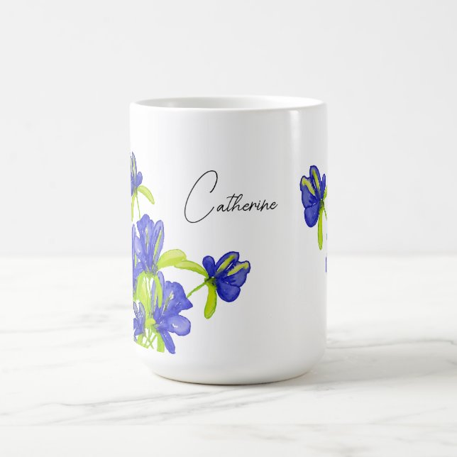 Indigo Iris Floral Watercolor Monogrammed Coffee Mug (Center)