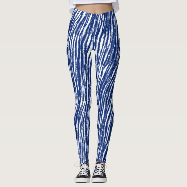 Indigo Japanese Shibori Stripes Artsy Ink Leggings (Front)