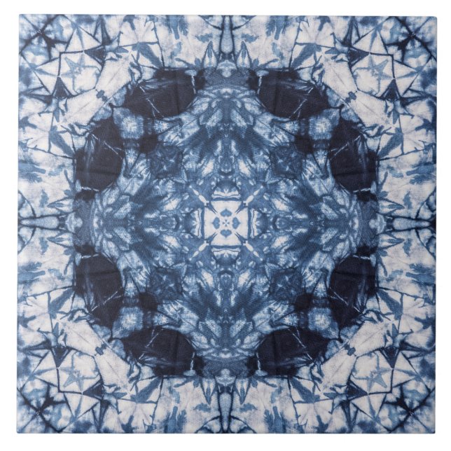 Indigo Kaleidoscope Shibori Tie-Dye pattern  Tile (Front)