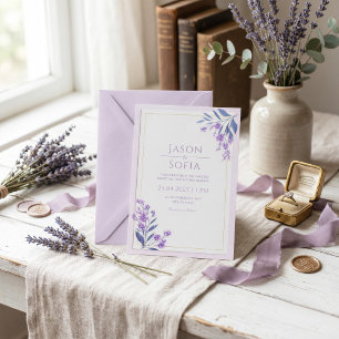 Indigo Leaf Watercolor Lavender Gold Frame Wedding Invitation