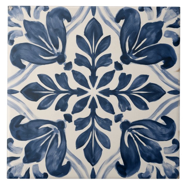 Indigo Leafy Folk Floral Tile (Front)