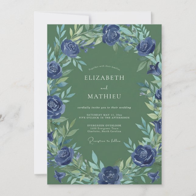 Indigo Leafy Olive Wedding Invitation (Front)