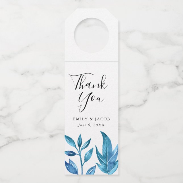Indigo Leaves | Personalised Wedding Bottle Tag (Front)