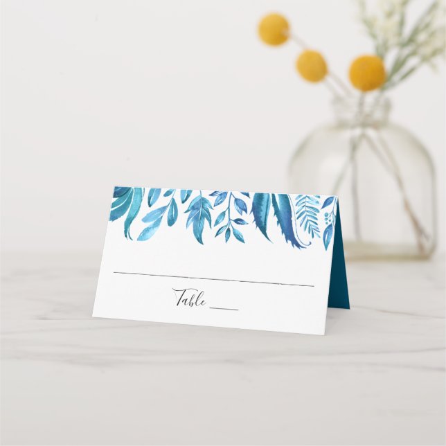 Indigo Leaves | Personalised Wedding Place Card (Front)