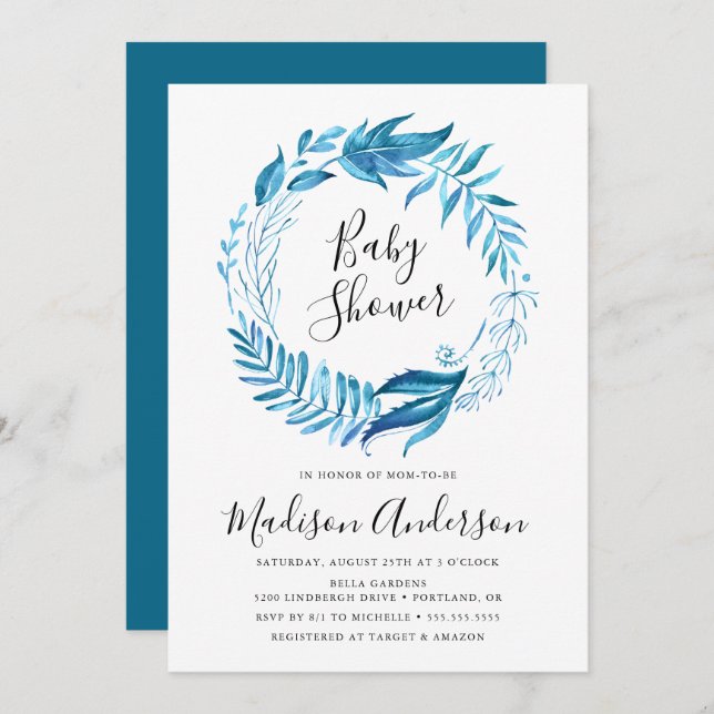 Indigo Leaves | Wreath Baby Shower Invitation (Front/Back)