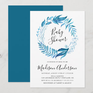 Indigo Leaves   Wreath Baby Shower Invitation