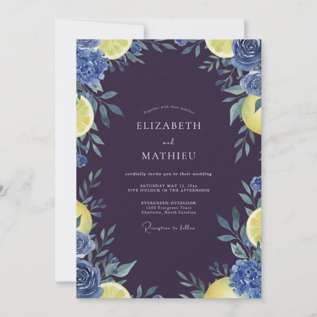 Indigo Lemon Citrus Eucalyptus Wedding Invitation (Front)