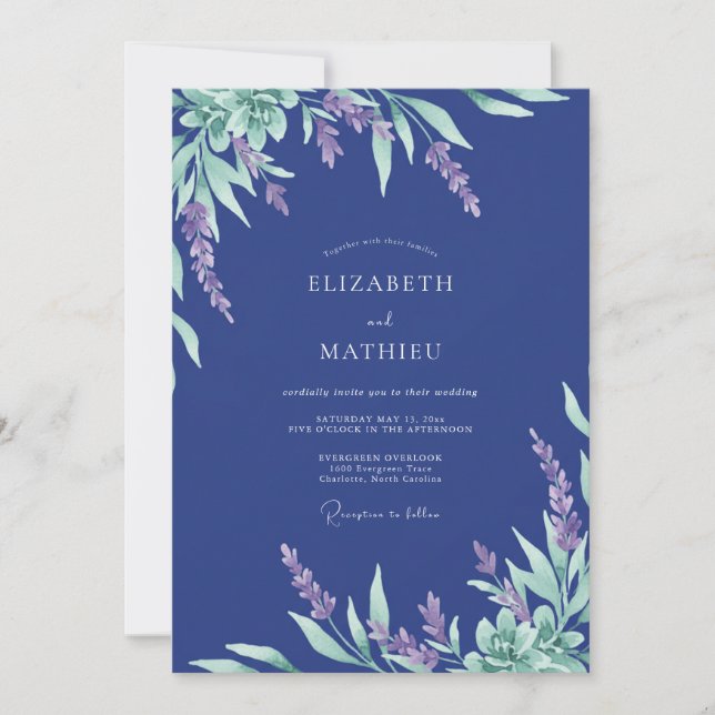 Indigo Lilac Leafy Wedding Invitation (Front)