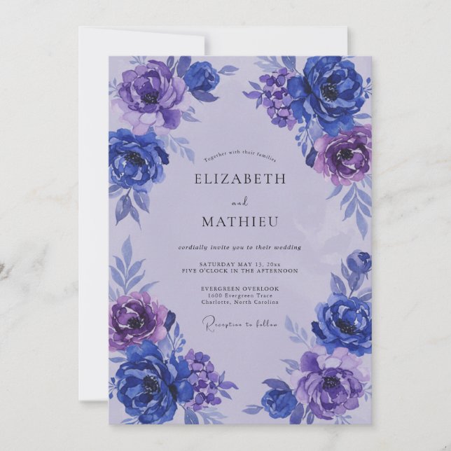 Indigo Lilac Ranunculus Eucalyptus Wedding Invitation (Front)