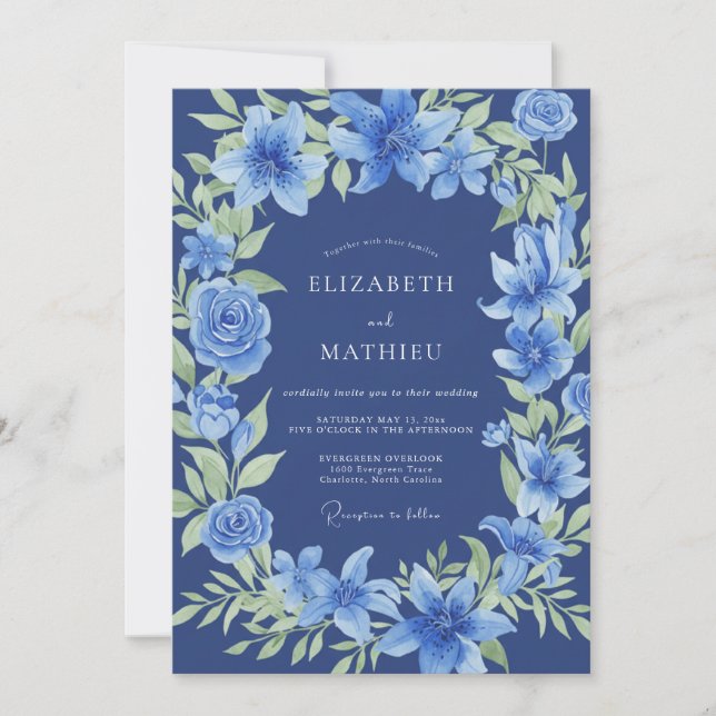 Indigo Lily Wreath Wedding Invitation (Front)