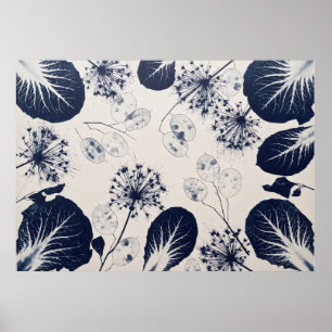 Indigo Lunaria Allium Botanical Leaf Pattern Poster