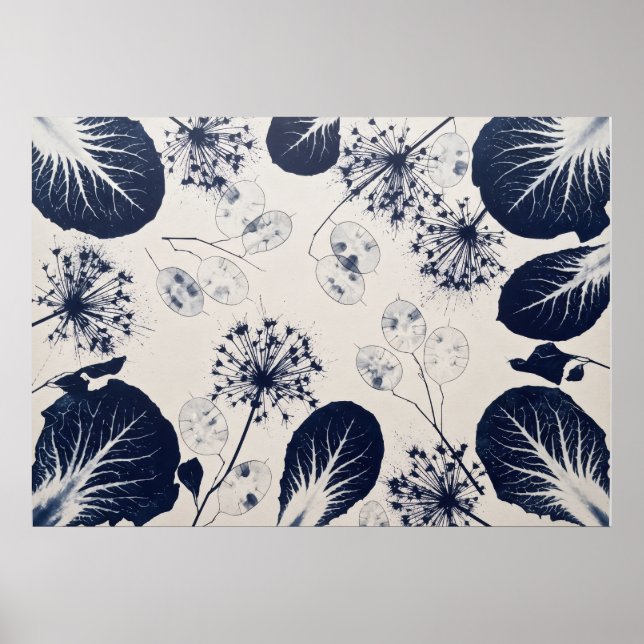 Indigo Lunaria Allium Botanical Leaf Pattern Poster (Front)