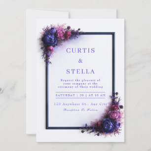 Indigo Magenta Floral Corner Frame Wedding Invitation