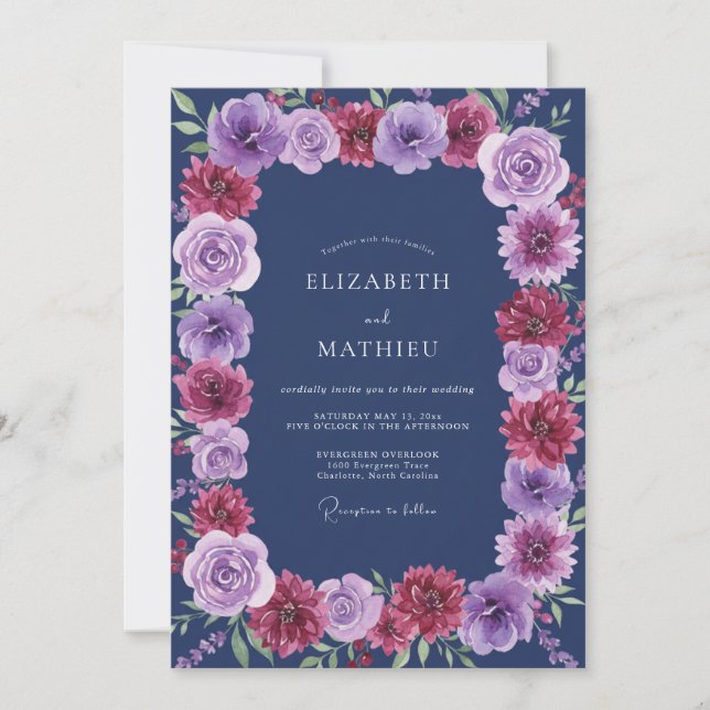 Indigo Magenta Ranunculus Eucalyptus Wedding Invitation (Front)