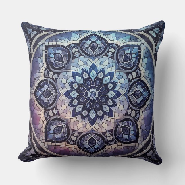 Indigo Mandala Pattern: Deep Gradient Mosaic Cushion (Front)