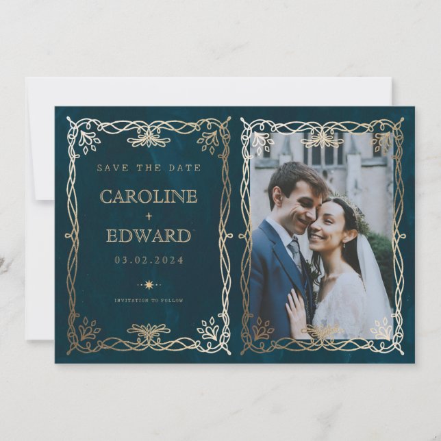 Indigo  Mediaeval Gold Ivy Photo QR code Save The Date (Front)