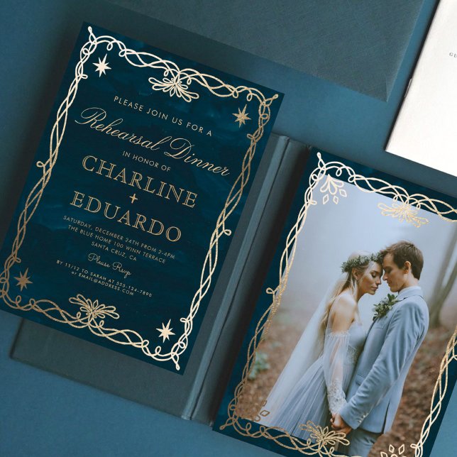 Indigo  Mediaeval Gold Ivy Rehearsal Dinner Invitation (Creator Uploaded)